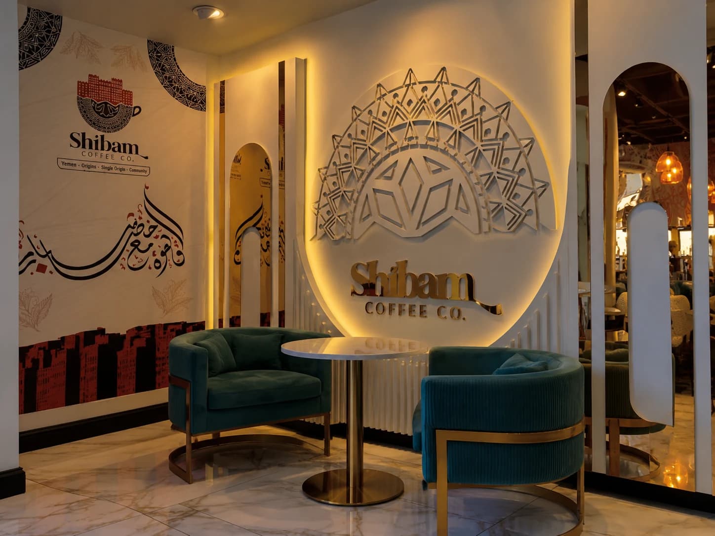 Shibam Coffee seating and illuminated wall art in Albany