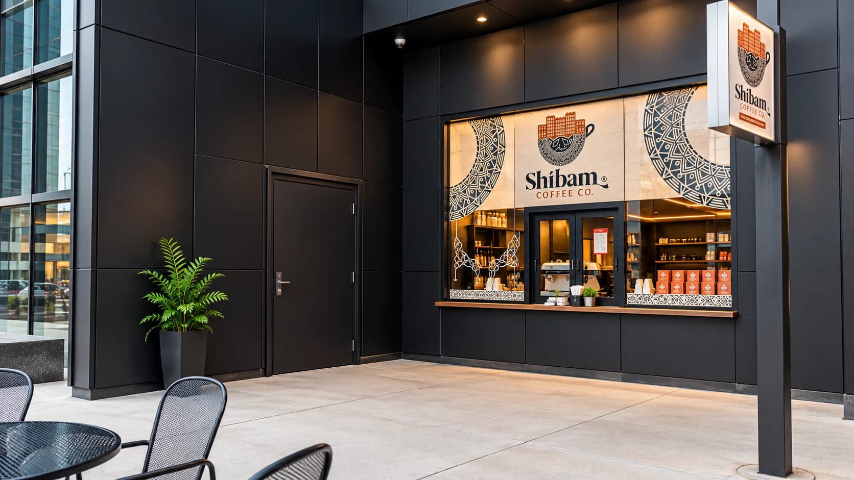 Detroit Shibam Coffee café entrance with illuminated storefront signage