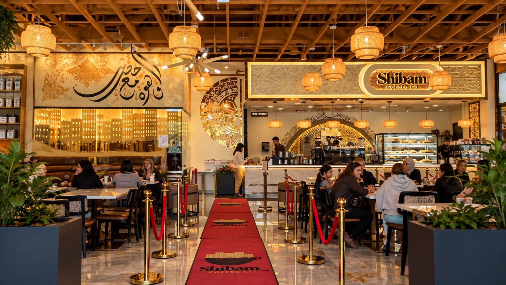 Glendale Heights Shibam Coffee café interior with counter, seating, and illuminated signage