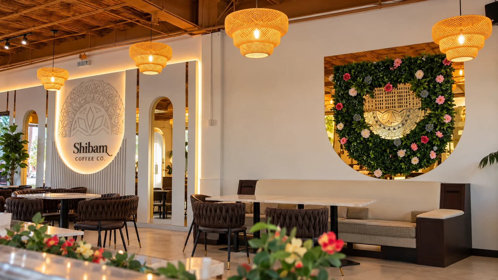 Kalamazoo Shibam Coffee café interior with illuminated seating and wall décor