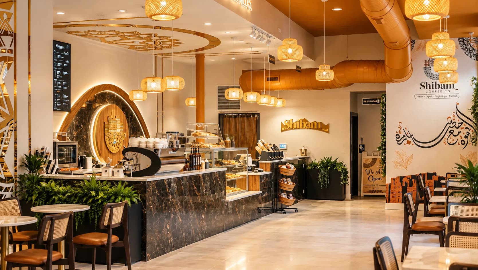 Pittsburgh Shibam Coffee café interior with counter, seating, and illuminated décor