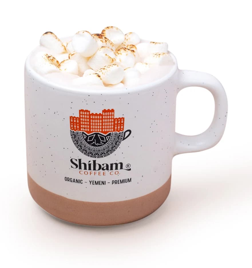 Hot Cocoa with marshmallows in a Shibam Coffee mug