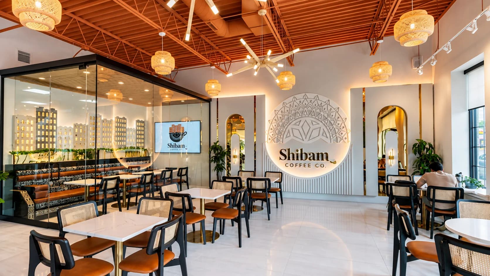 Warm Dearborn Shibam Coffee café interior with open tables and illuminated wall art