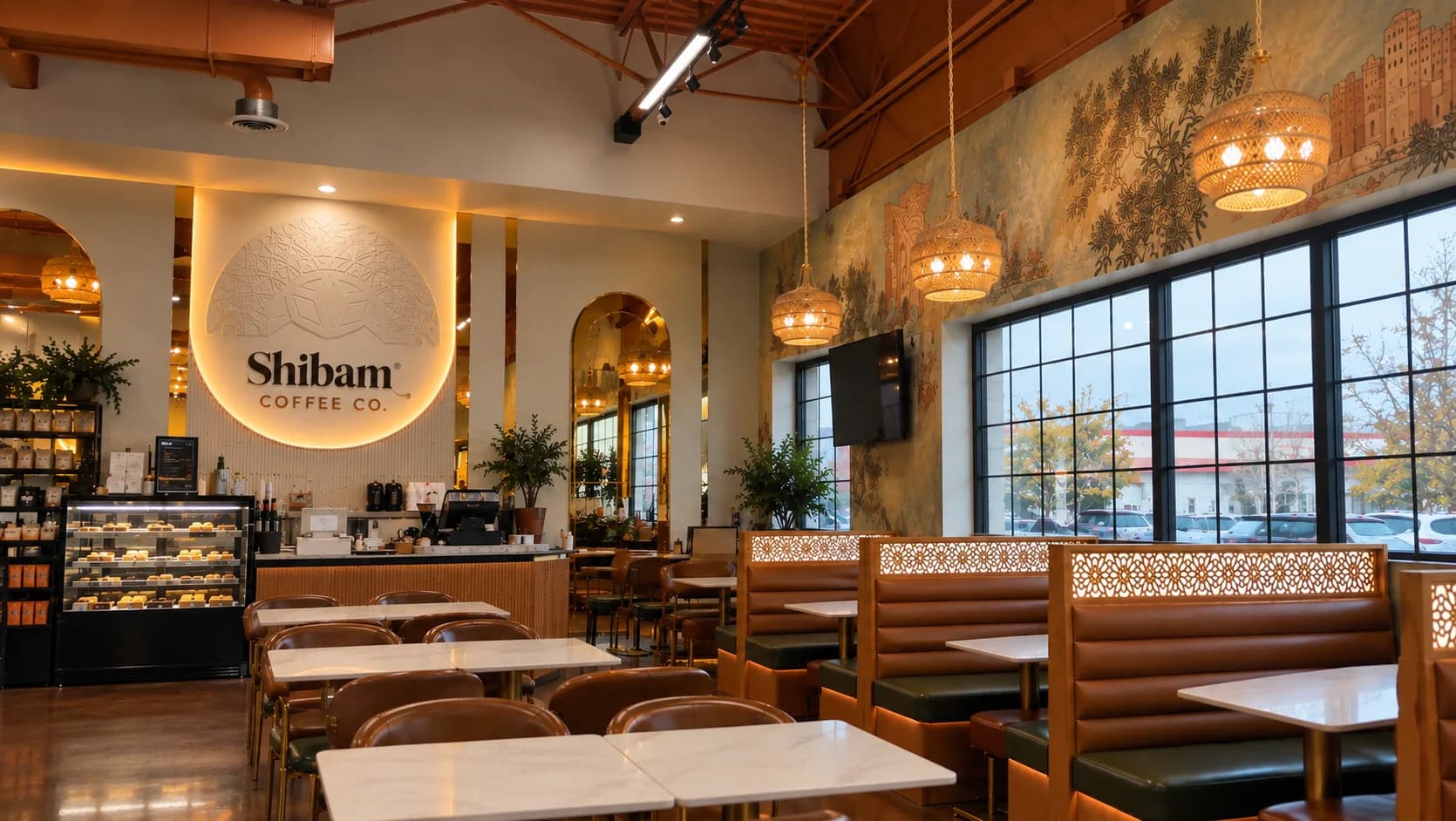 Hamtramck Shibam Coffee café interior with mural and seating