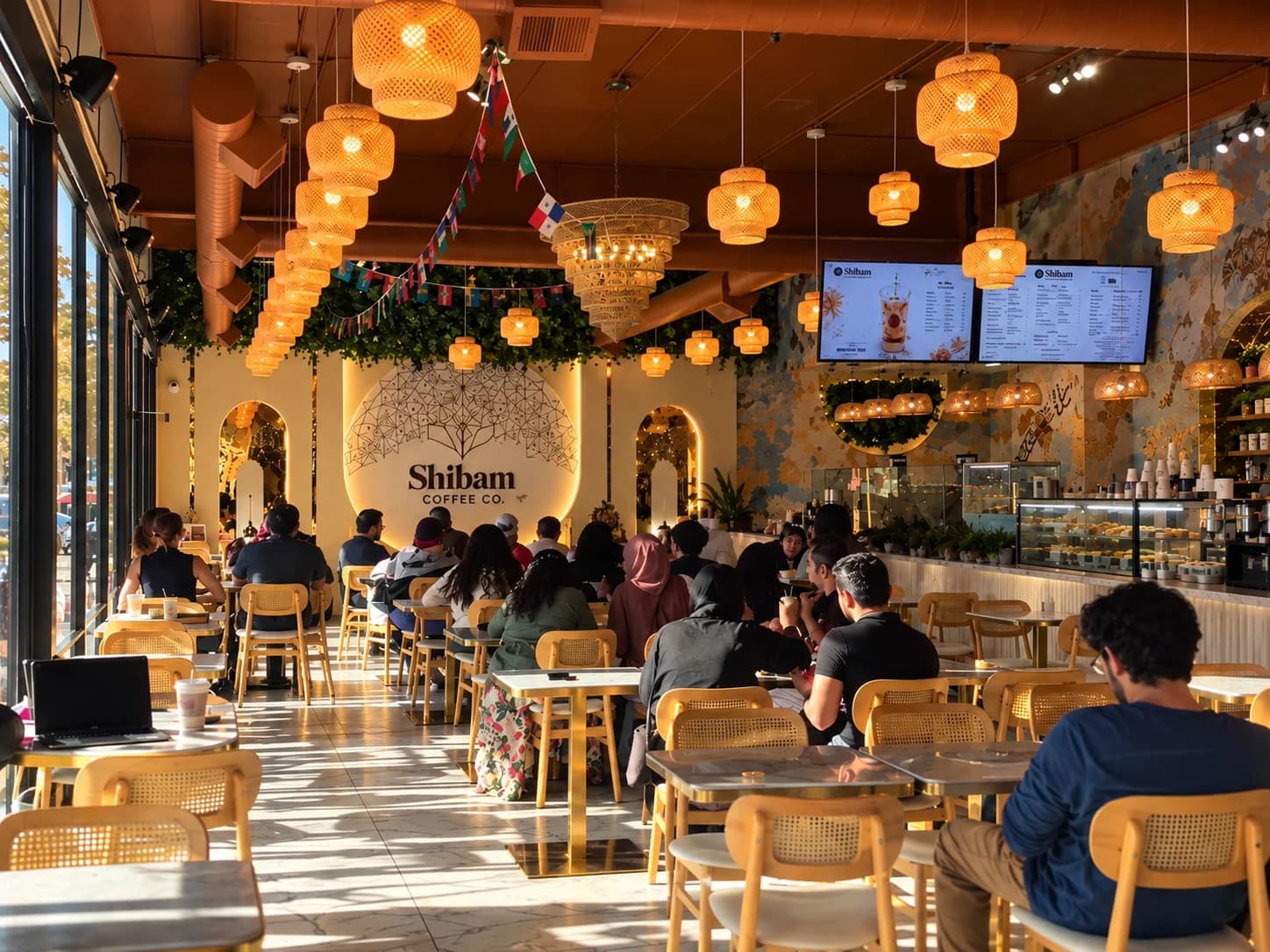Chicago Shibam Coffee café interior with seating, counter, and illuminated lanterns