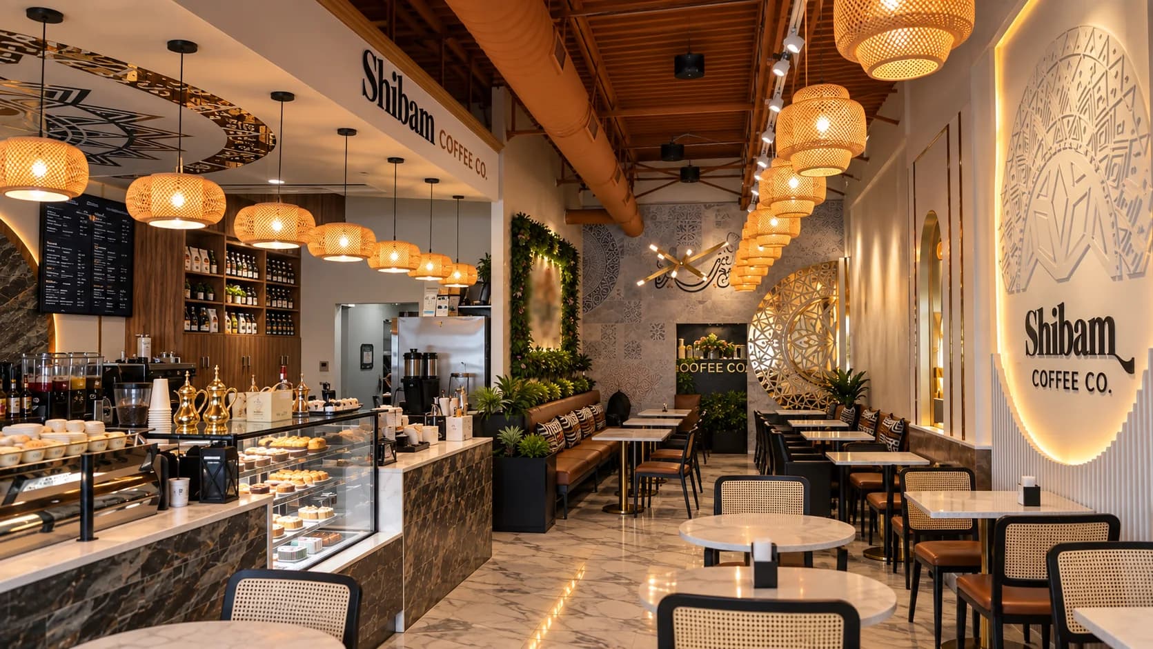 Columbus Shibam Coffee café interior with counter, seating, and illuminated signage