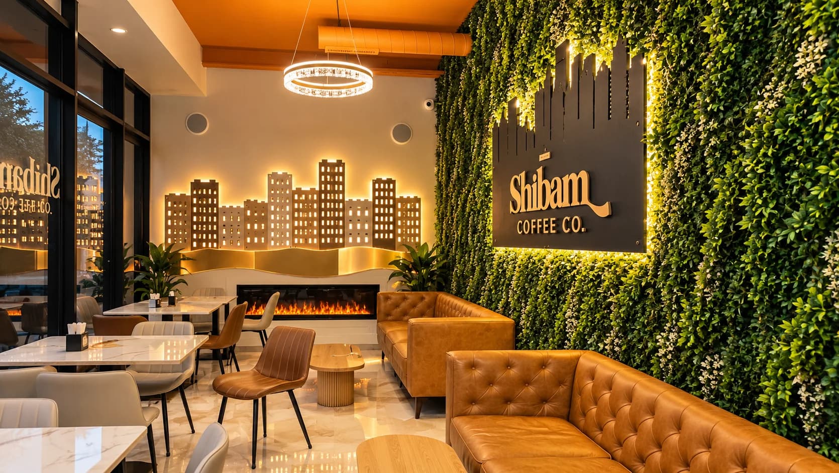 Philadelphia Shibam Coffee café interior with greenery, seating, and illuminated wall décor